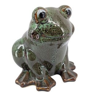 Hermitage Pottery Yard Frog Toad Ceramic Garden Statue Green Brown Speckled 5.5"